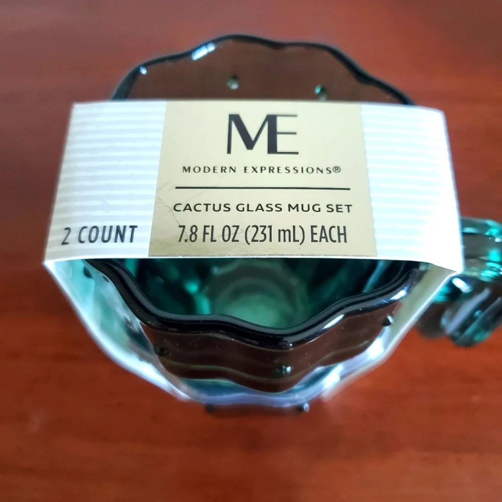 Modern Expressions Green Cactus Glass Mug Set (2)‎ NIB